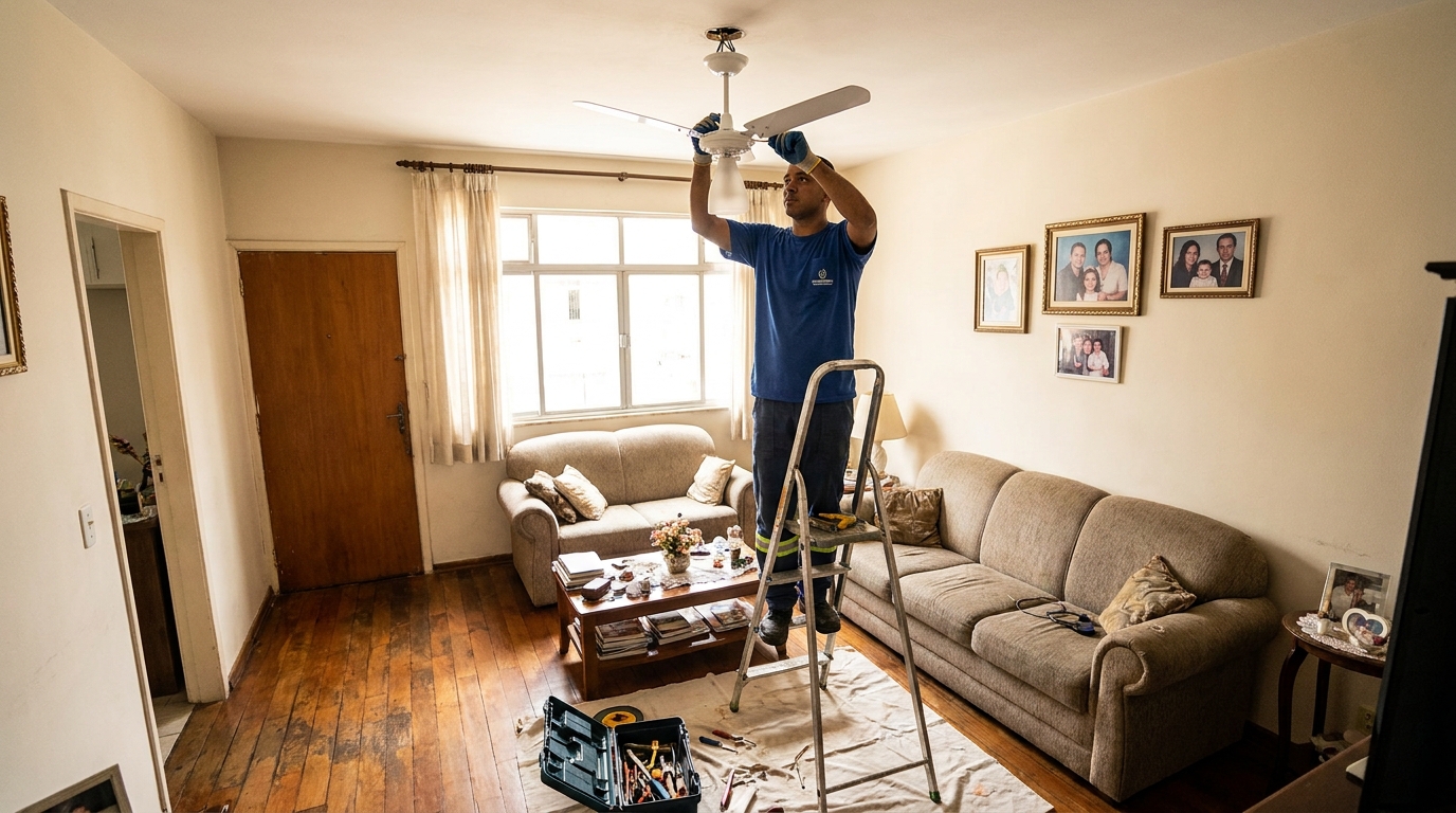 Eletricista instalando ventilador de teto em São José dos Campos‑SP